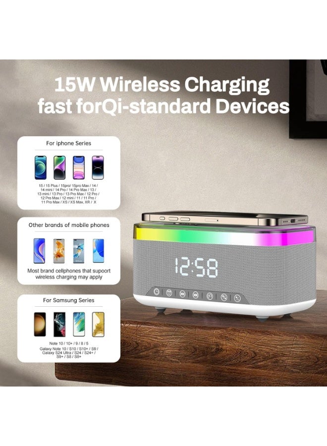 Bluetooth Speaker with Wireless Charging Digital Clock LED Display 15W Qi Charging Station 2 x 10W Speakers7 Ambient Lights BT5.3/AUX/TF/USB for Home Bedside Travel - Image 3